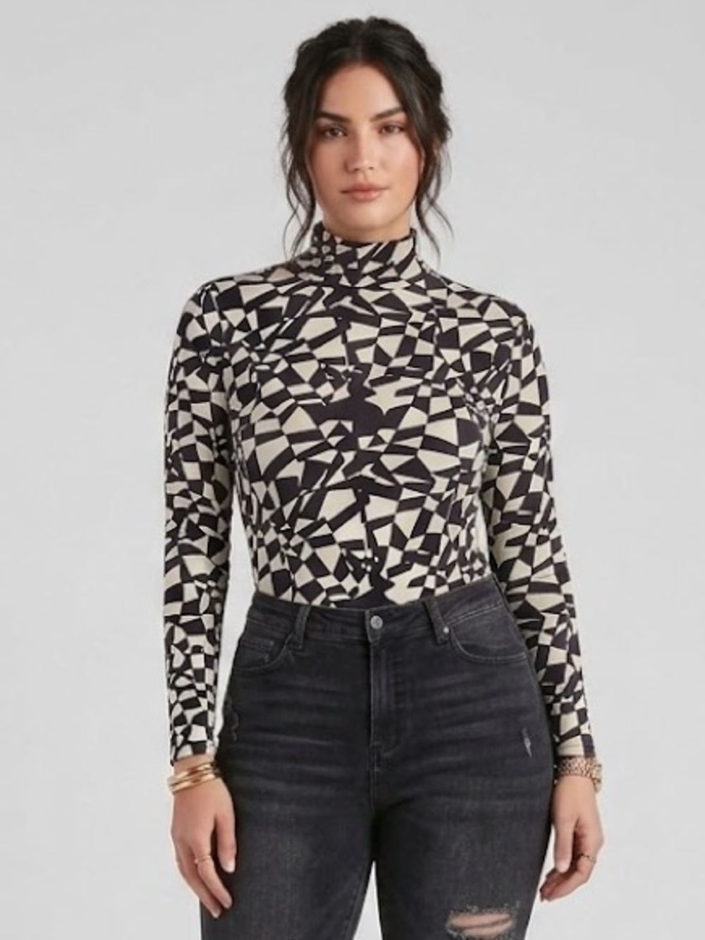 Ava & Viv Plus Size Geometric Long-Sleeve Turtle Neck Top - 1X (cream and black)